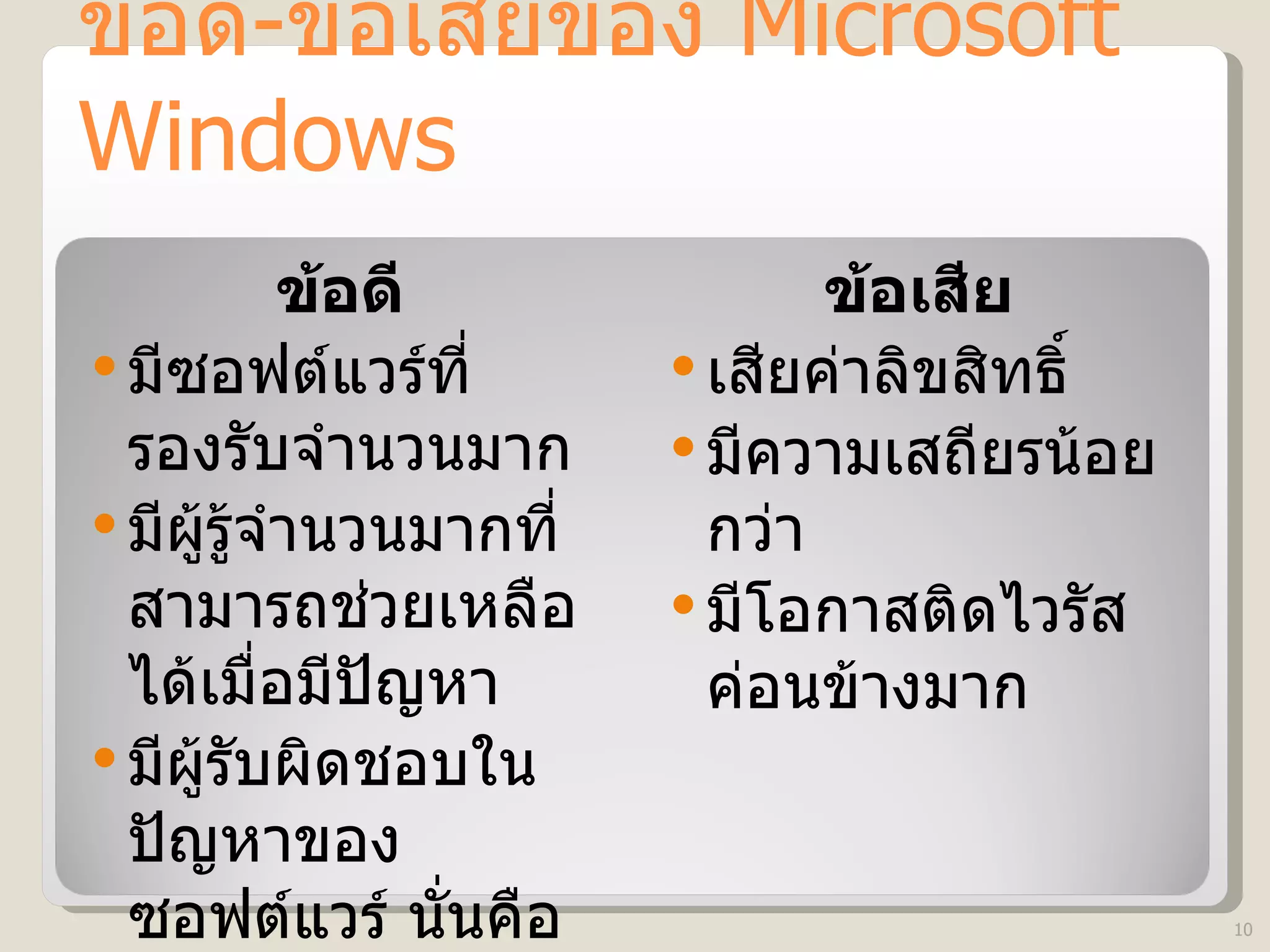 ข้อดี - ข้อเสียของ  Microsoft Windows ข้อดี   มีซอฟต์แวร์ที่รองรับจำนวนมาก   มีผู้รู้จำนวนมากที่สามารถช่วยเหลือได้เมื่อมีปัญหา มีผู้รับผิดชอบในปัญหาของซอฟต์แวร์ นั่นคือ บริษัท   Microsoft ข้อเสีย   เสียค่าลิขสิทธิ์  มีความเสถียรน้อยกว่า  มีโอกาสติดไวรัสค่อนข้างมาก 