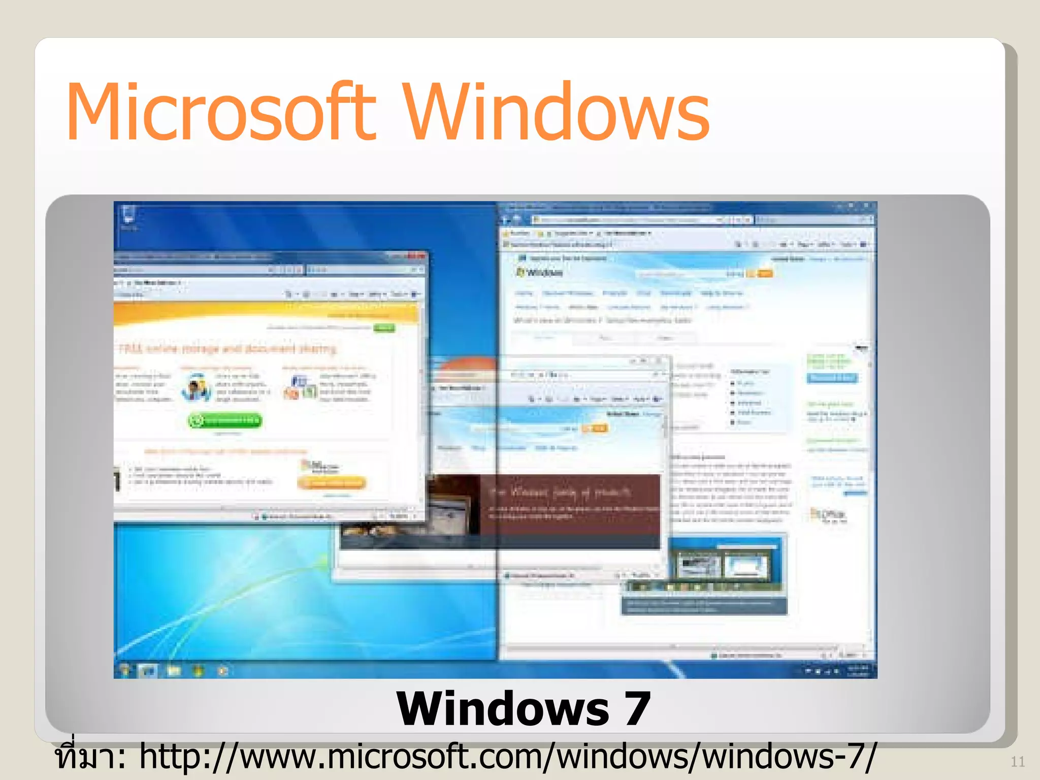 Microsoft Windows Windows 7 ที่มา : http://www.microsoft.com/windows/windows-7/ 