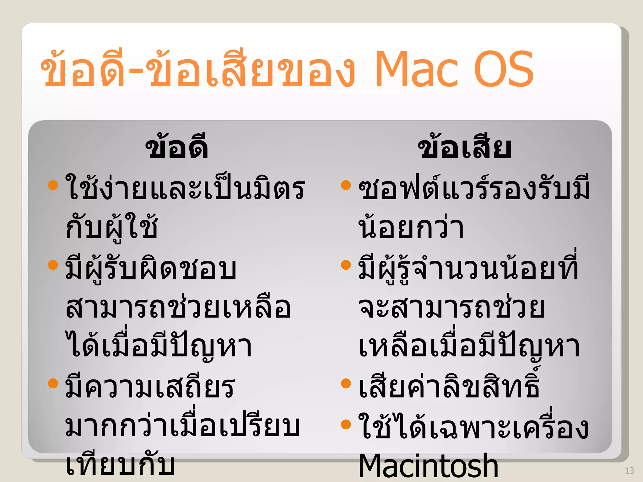 ข้อดี - ข้อเสียของ  Mac OS ข้อดี ใช้ง่ายและเป็นมิตรกับผู้ใช้  มีผู้รับผิดชอบ สามารถช่วยเหลือได้เมื่อมีปัญหา มีความเสถียรมากกว่าเมื่อเปรียบเทียบกับ  Windows มีโอกาสการติดไวรัสน้อยกว่า ข้อเสีย   ซอฟต์แวร์รองรับมีน้อยกว่า มีผู้รู้จำนวนน้อยที่จะสามารถช่วยเหลือเมื่อมีปัญหา เสียค่าลิขสิทธิ์ ใช้ได้เฉพาะเครื่อง  Macintosh 