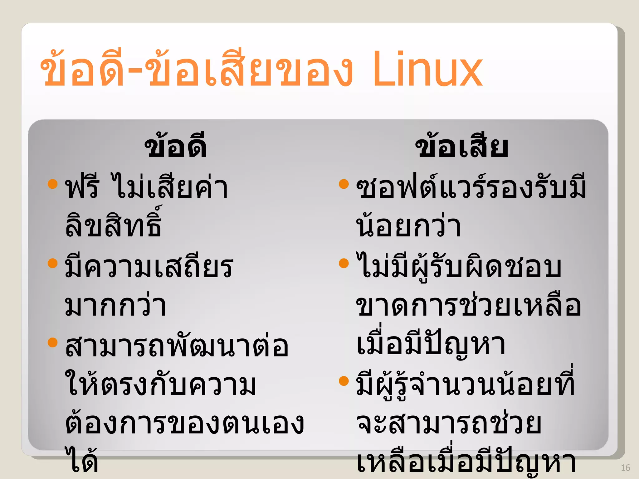 ข้อดี - ข้อเสียของ  Linux ข้อดี ฟรี ไม่เสียค่าลิขสิทธิ์ มีความเสถียรมากกว่า สามารถพัฒนาต่อให้ตรงกับความต้องการของตนเองได้ ข้อเสีย   ซอฟต์แวร์รองรับมีน้อยกว่า ไม่มีผู้รับผิดชอบ ขาดการช่วยเหลือเมื่อมีปัญหา มีผู้รู้จำนวนน้อยที่จะสามารถช่วยเหลือเมื่อมีปัญหา 
