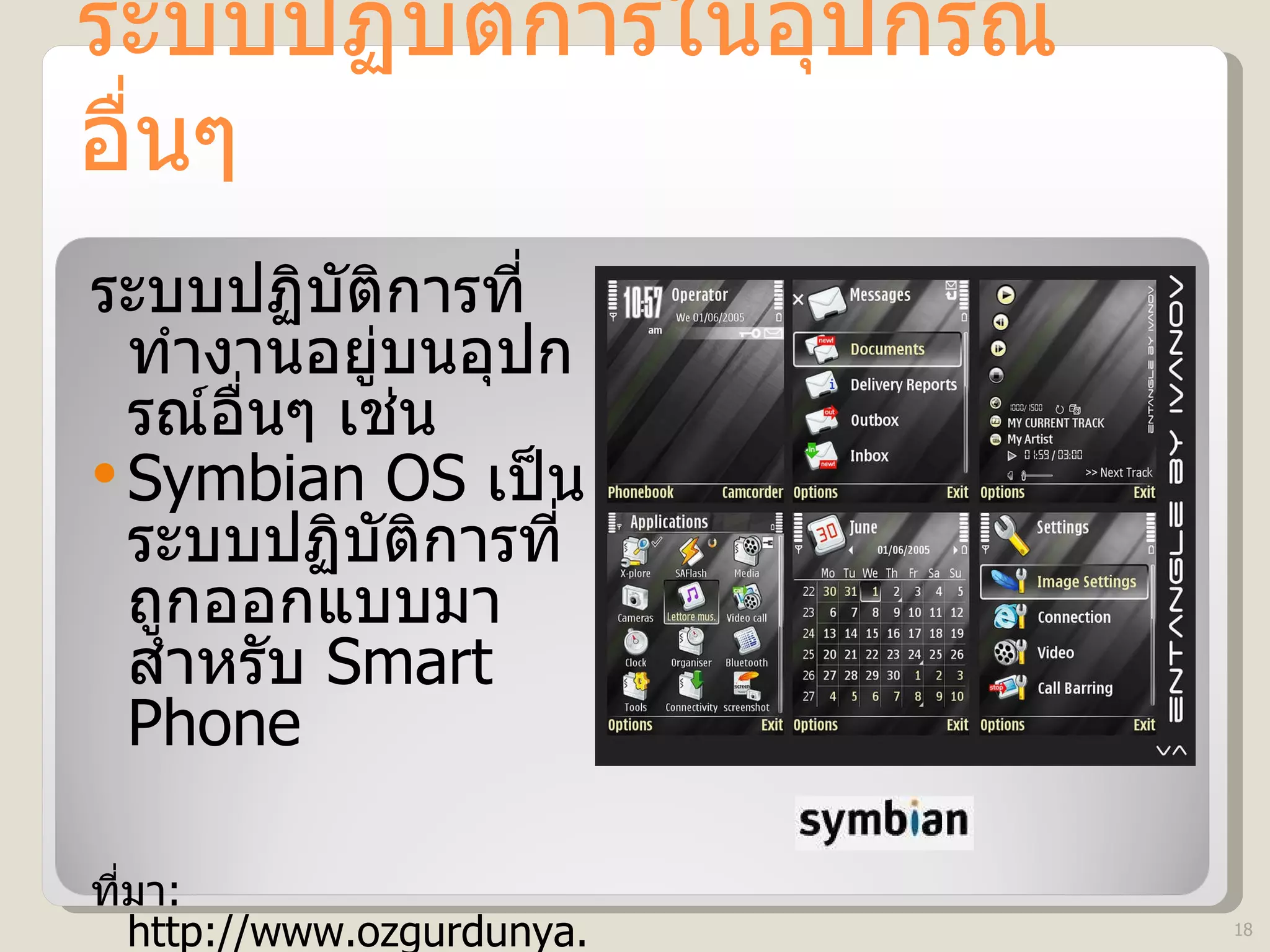 ระบบปฏิบัติการในอุปกรณ์อื่นๆ ระบบปฏิบัติการที่ทำงานอยู่บนอุปกรณ์อื่นๆ เช่น Symbian OS  เป็นระบบปฏิบัติการที่ถูกออกแบบมาสำหรับ  Smart Phone ที่มา : http://www.ozgurdunya.net/onizlemeli_symbian_os_9_1_temalar-t29524.html 