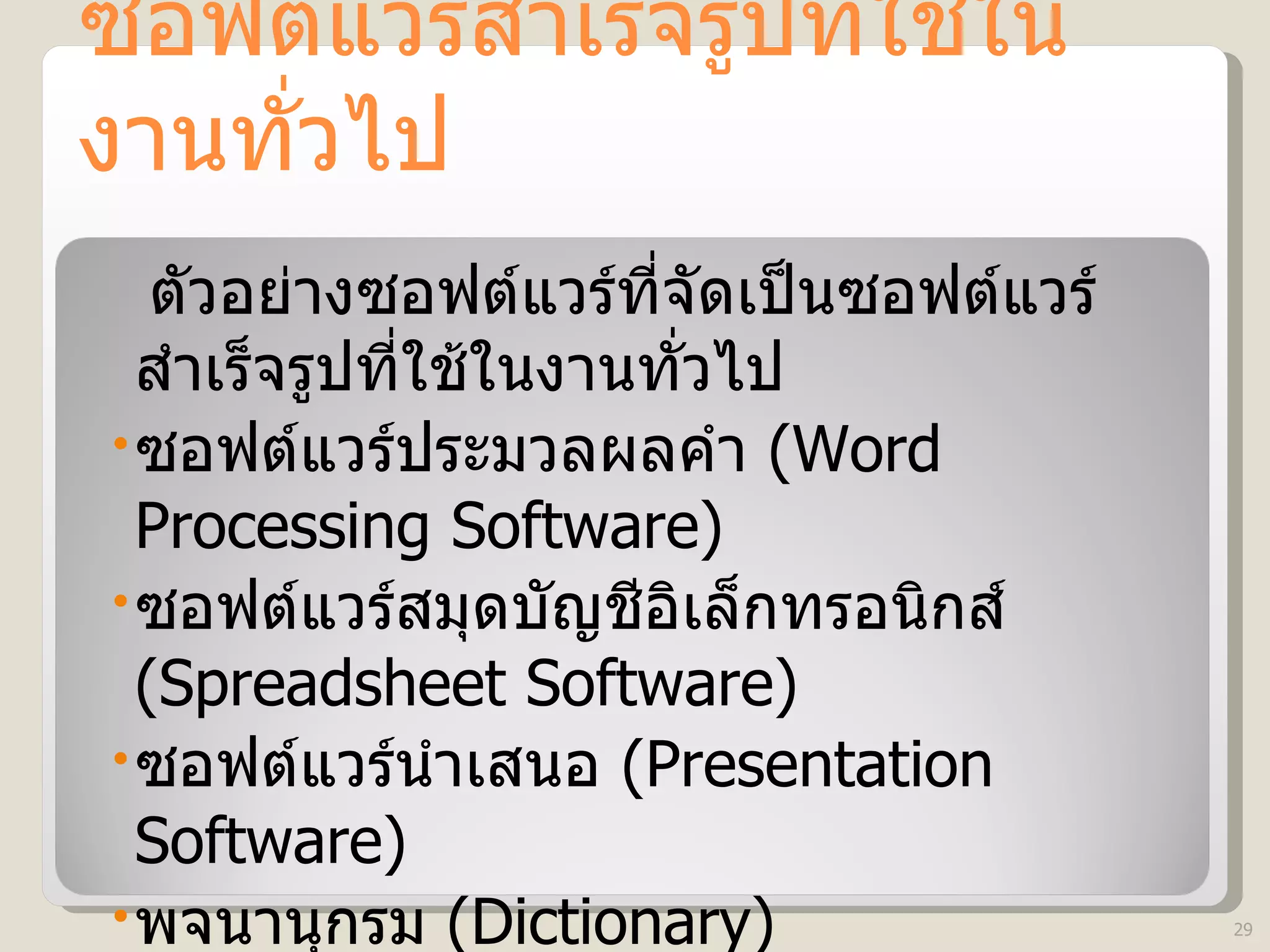 ซอฟต์แวร์สำเร็จรูปที่ใช้ในงานทั่วไป ตัวอย่างซอฟต์แวร์ที่จัดเป็นซอฟต์แวร์สำเร็จรูปที่ใช้ในงานทั่วไป ซอฟต์แวร์ประมวลผลคำ  (Word Processing Software) ซอฟต์แวร์สมุดบัญชีอิเล็กทรอนิกส์   (Spreadsheet Software) ซอฟต์แวร์นำเสนอ  (Presentation Software) พจนานุกรม  (Dictionary) 