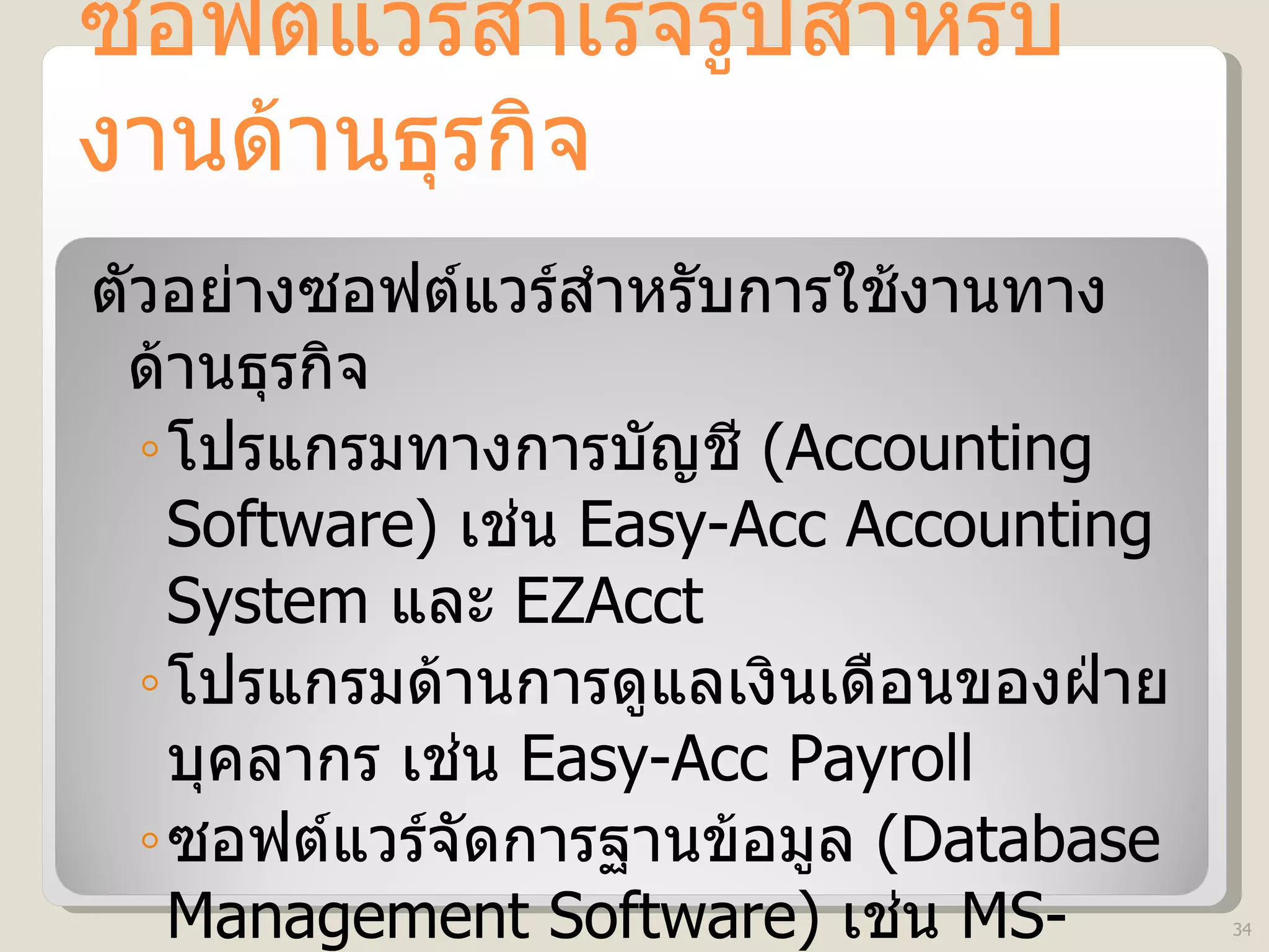 ซอฟต์แวร์สำเร็จรูปสำหรับงานด้านธุรกิจ ตัวอย่างซอฟต์แวร์สำหรับการใช้งานทางด้านธุรกิจ  โปรแกรมทางการบัญชี  (Accounting Software)  เช่น  Easy-Acc Accounting System   และ  EZAcct โปรแกรมด้านการดูแลเงินเดือนของฝ่ายบุคลากร เช่น  Easy-Acc Payroll   ซอฟต์แวร์จัดการฐานข้อมูล  (Database Management Software)  เช่น  MS-Access  และ  Oracle Database 