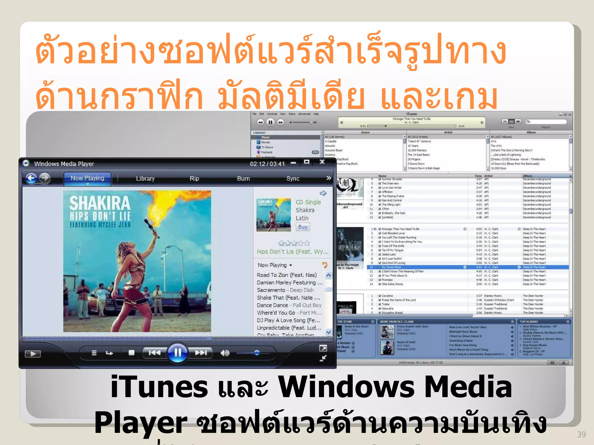 ตัวอย่างซอฟต์แวร์สำเร็จรูปทางด้านกราฟิก มัลติมีเดีย และเกม iTunes  และ  Windows Media Player  ซอฟต์แวร์ด้านความบันเทิงที่ได้รับความนิยมในปัจจุบัน 