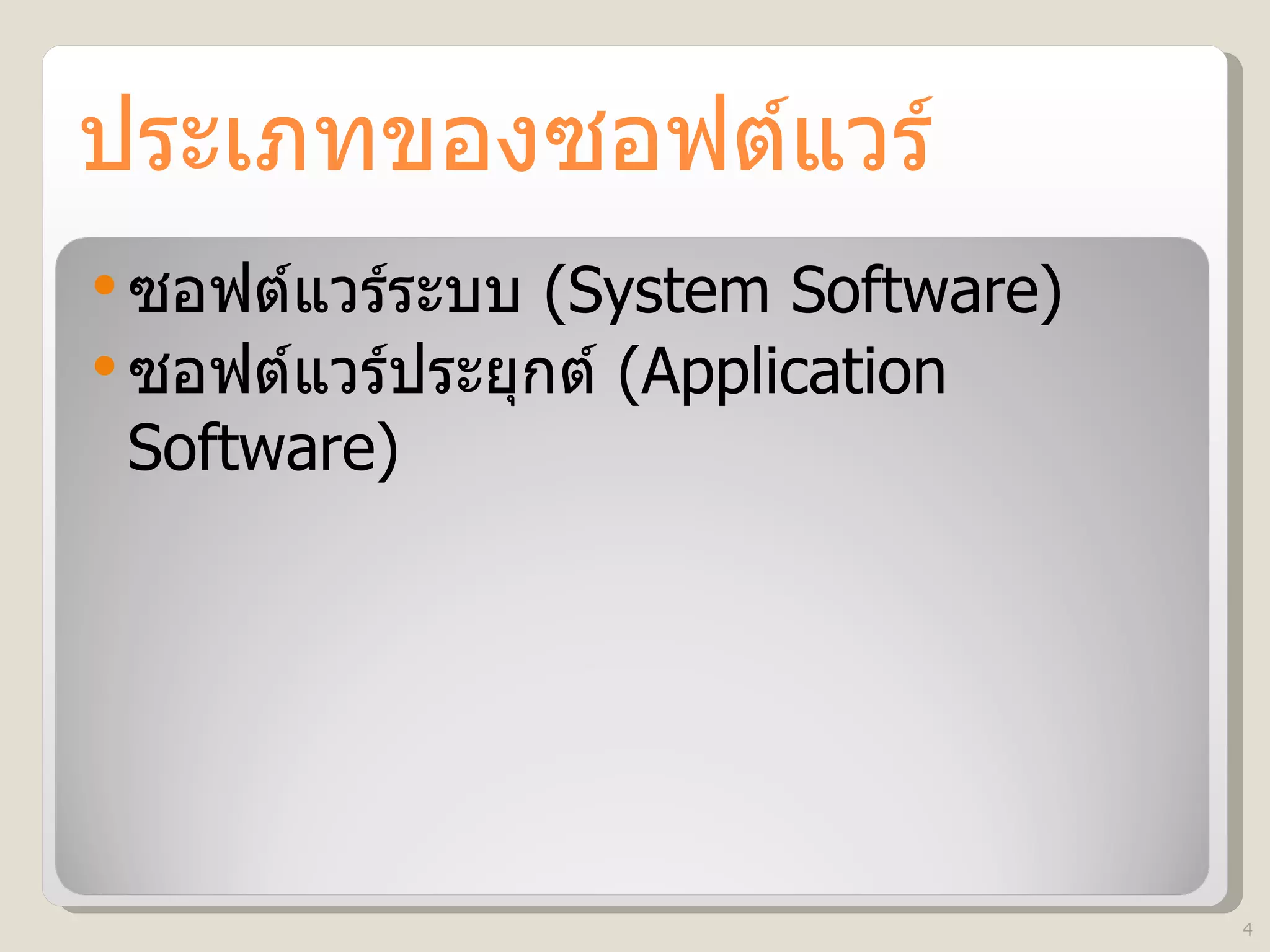 ประเภทของซอฟต์แวร์ ซอฟต์แวร์ระบบ  (System Software) ซอฟต์แวร์ประยุกต์  (Application Software) 