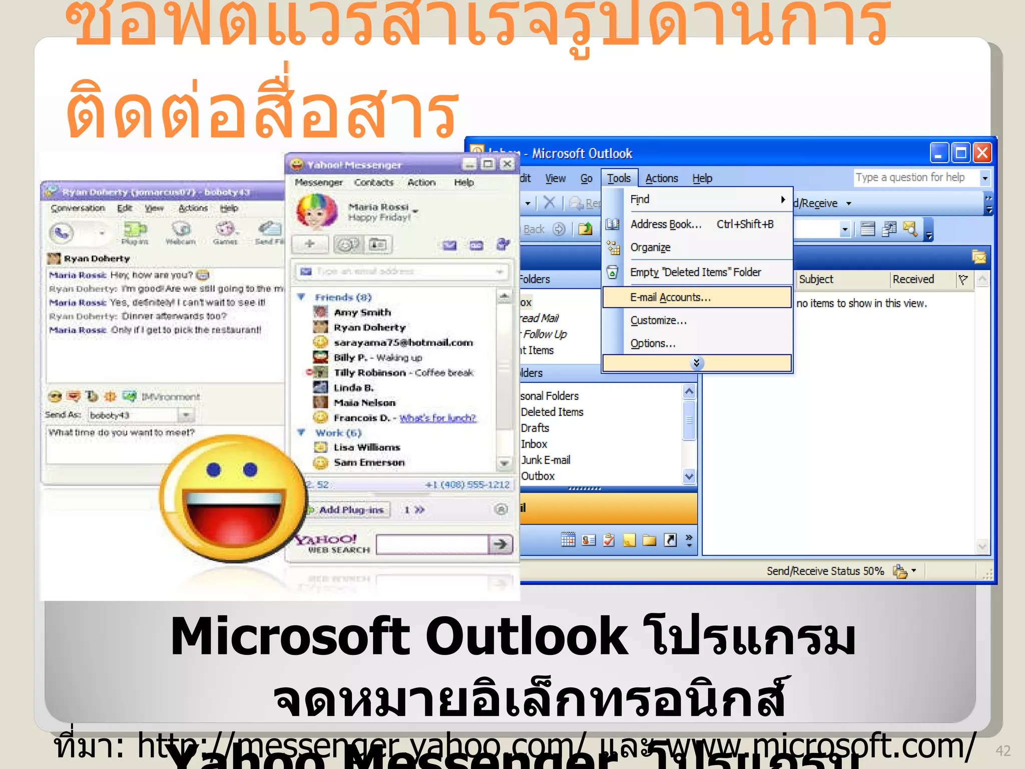 ซอฟต์แวร์สำเร็จรูปด้านการติดต่อสื่อสาร Microsoft Outlook  โปรแกรมจดหมายอิเล็กทรอนิกส์ Yahoo Messenger  โปรแกรมสนทนา ที่มา : http://messenger.yahoo.com/   และ  www.microsoft.com/outlook 