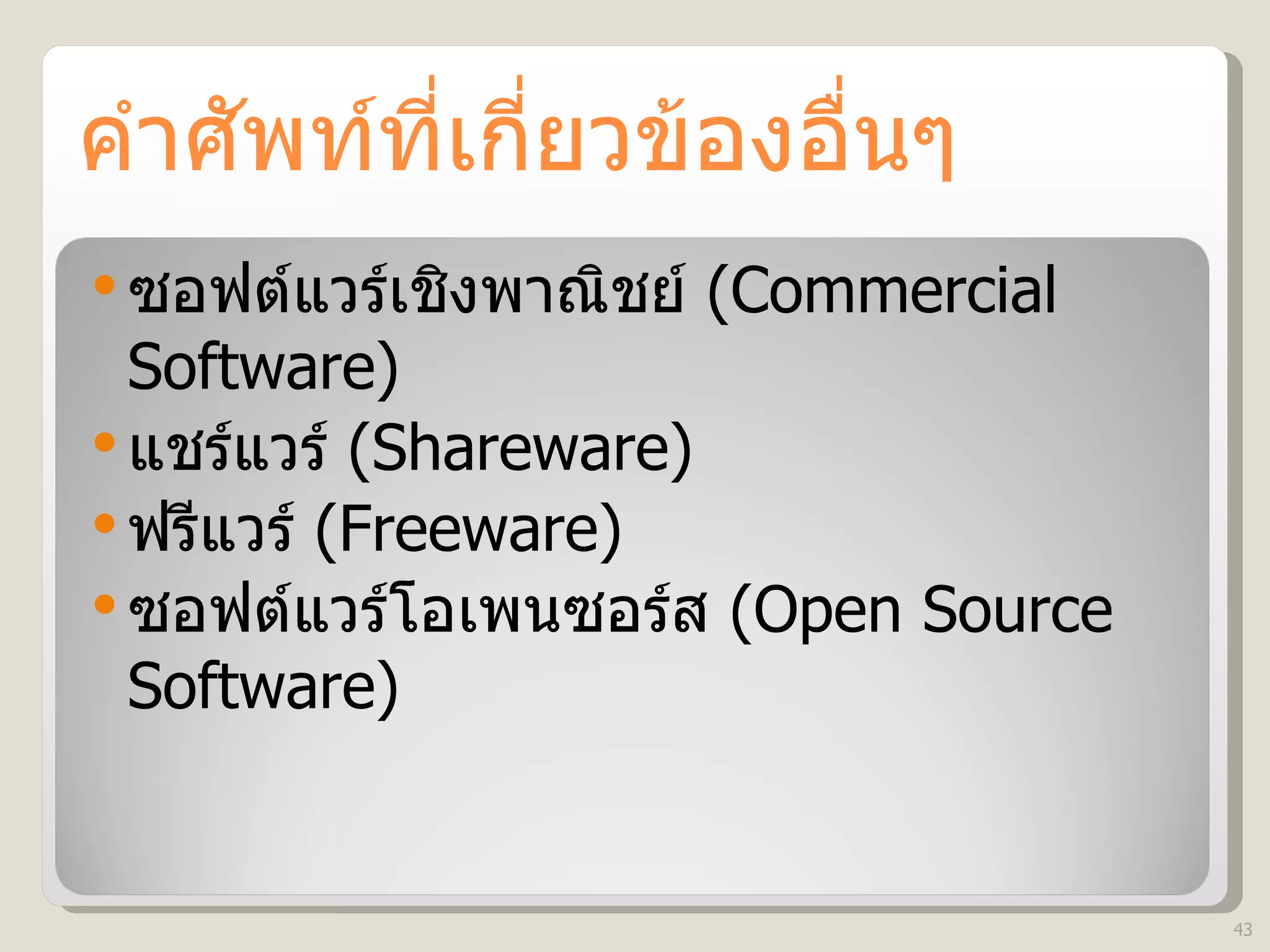 คำศัพท์ที่เกี่ยวข้องอื่นๆ ซอฟต์แวร์เชิงพาณิชย์  (Commercial Software) แชร์แวร์  (Shareware) ฟรีแวร์  (Freeware) ซอฟต์แวร์โอเพนซอร์ส  (Open Source Software) 