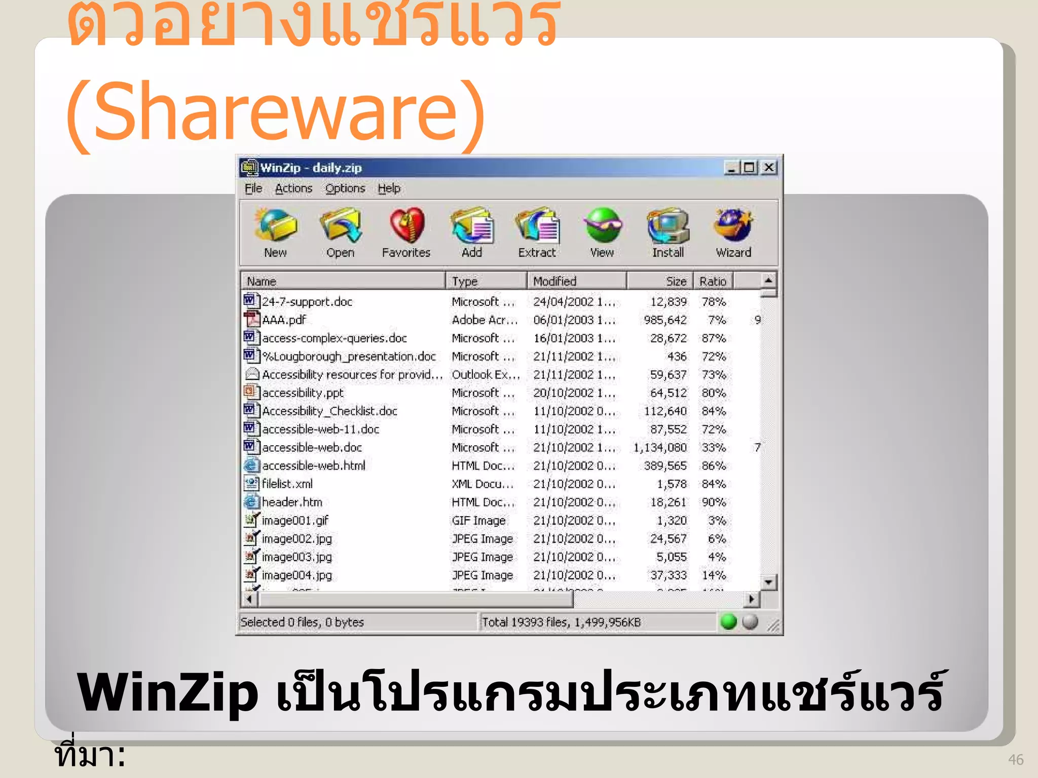 ตัวอย่างแชร์แวร์  (Shareware) WinZip  เป็นโปรแกรมประเภทแชร์แวร์   ที่มา : http://www.lboro.ac.uk/computing/desktop/backup/images/winzip.jpg 