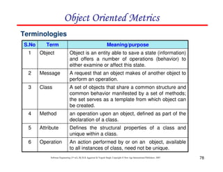 Object Oriented Metrics
Terminologies
S.No

Term

Meaning/purpose

1

Object

Object is an entity able to save a state (information)
and offers a number of operations (behavior) to
either examine or affect this state.

2

Message

A request that an object makes of another object to
perform an operation.

3

Class

A set of objects that share a common structure and
common behavior manifested by a set of methods;
the set serves as a template from which object can
be created.

4

Method

an operation upon an object, defined as part of the
declaration of a class.

5

Attribute

Defines the structural properties of a class and
unique within a class.

6

Operation

An action performed by or on an object, available
to all instances of class, need not be unique.

Software Engineering (3rd ed.), By K.K Aggarwal & Yogesh Singh, Copyright © New Age International Publishers, 2007

78

 