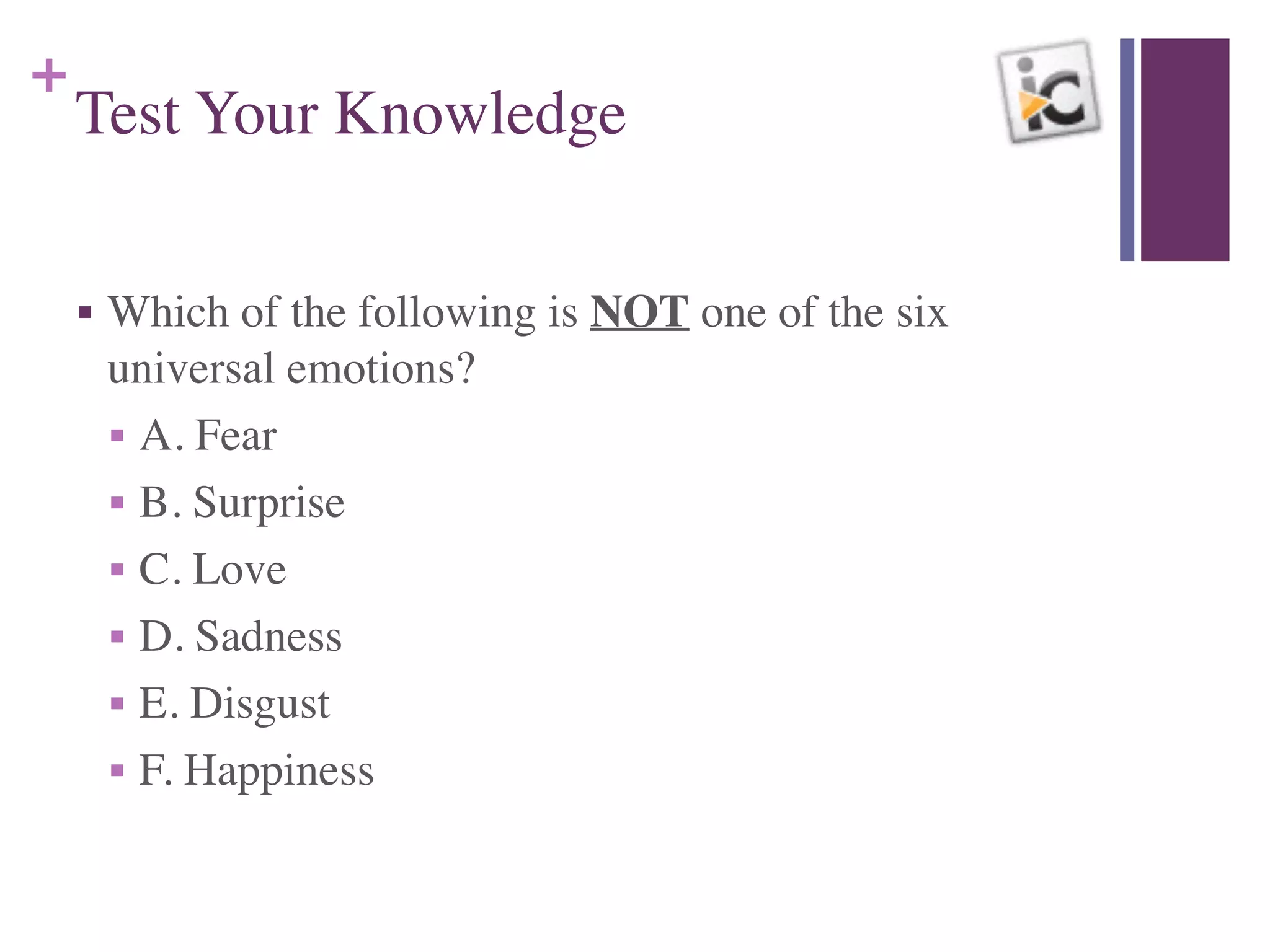 +
Test Your Knowledge
■ Which of the following is NOT one of the six
universal emotions?	

■ A. Fear	

■ B. Surprise	

■ C. Love	

■ D. Sadness	

■ E. Disgust	

■ F. Happiness
 