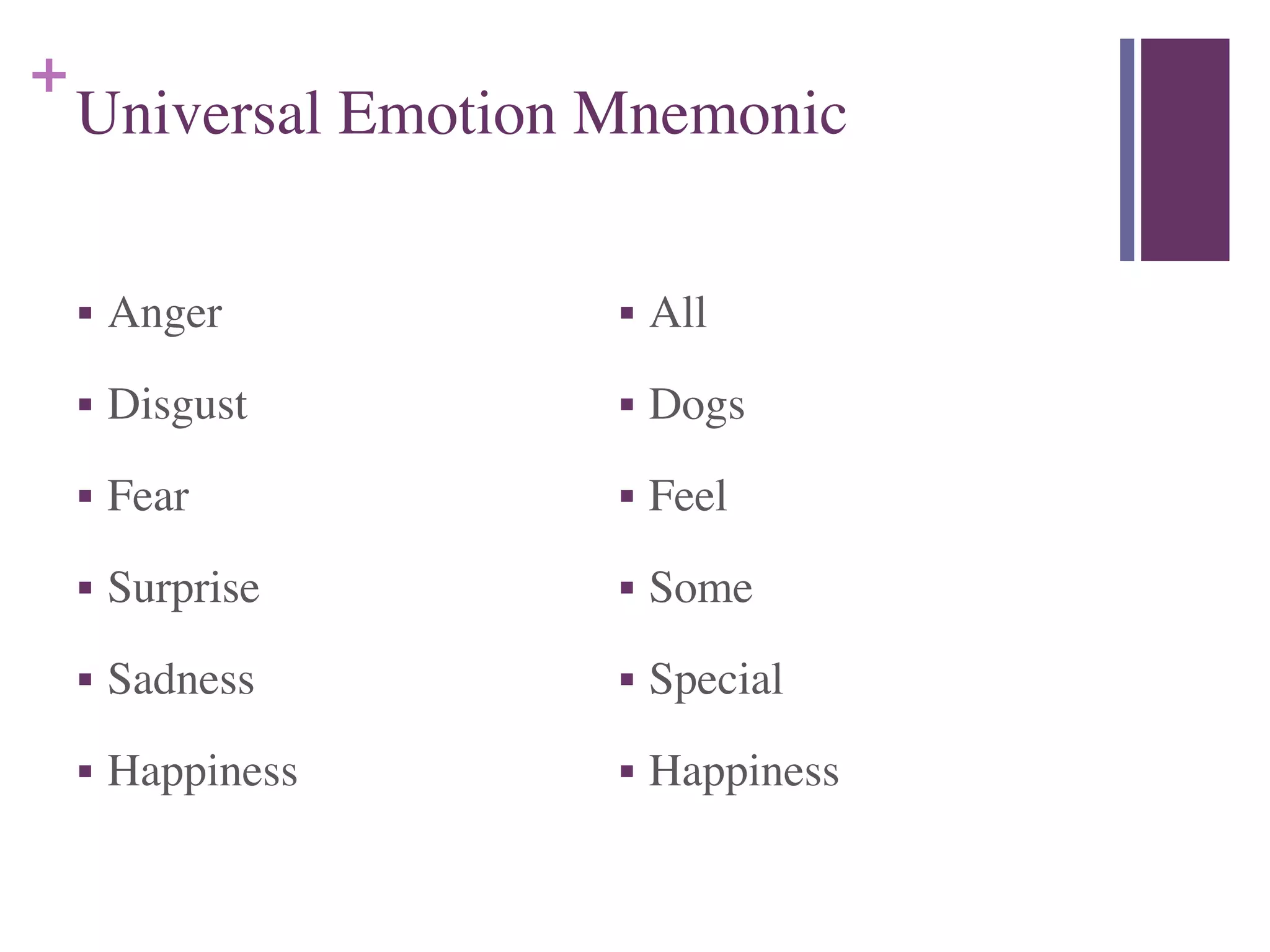 +
Universal Emotion Mnemonic
■ Anger	

■ Disgust	

■ Fear	

■ Surprise	

■ Sadness	

■ Happiness
■ All	

■ Dogs	

■ Feel	

■ Some	

■ Special	

■ Happiness
 