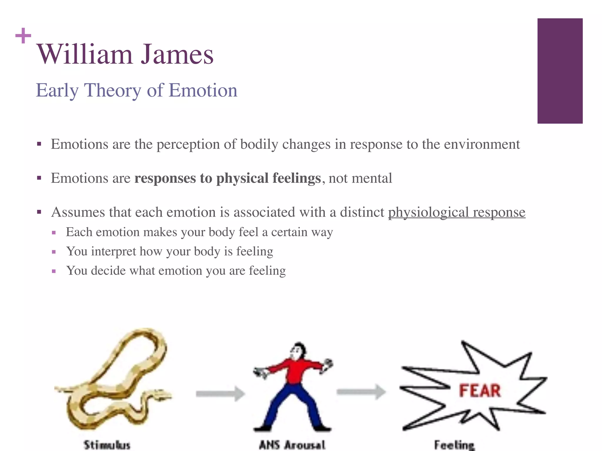 +
William James
■ Emotions are the perception of bodily changes in response to the environment	

■ Emotions are responses to physical feelings, not mental	

■ Assumes that each emotion is associated with a distinct physiological response	

■ Each emotion makes your body feel a certain way	

■ You interpret how your body is feeling	

■ You decide what emotion you are feeling
Early Theory of Emotion
 