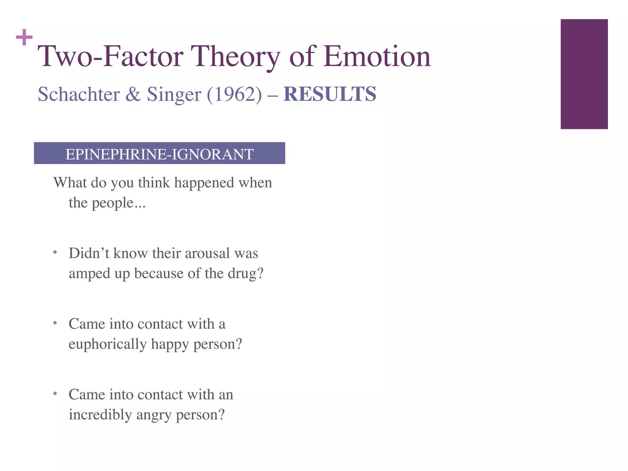 +
Two-Factor Theory of Emotion
What do you think happened when
the people...	

!
• Didn’t know their arousal was
amped up because of the drug?	

!
• Came into contact with a
euphorically happy person?	

!
• Came into contact with an
incredibly angry person?
EPINEPHRINE-IGNORANT
Schachter & Singer (1962) – RESULTS
 