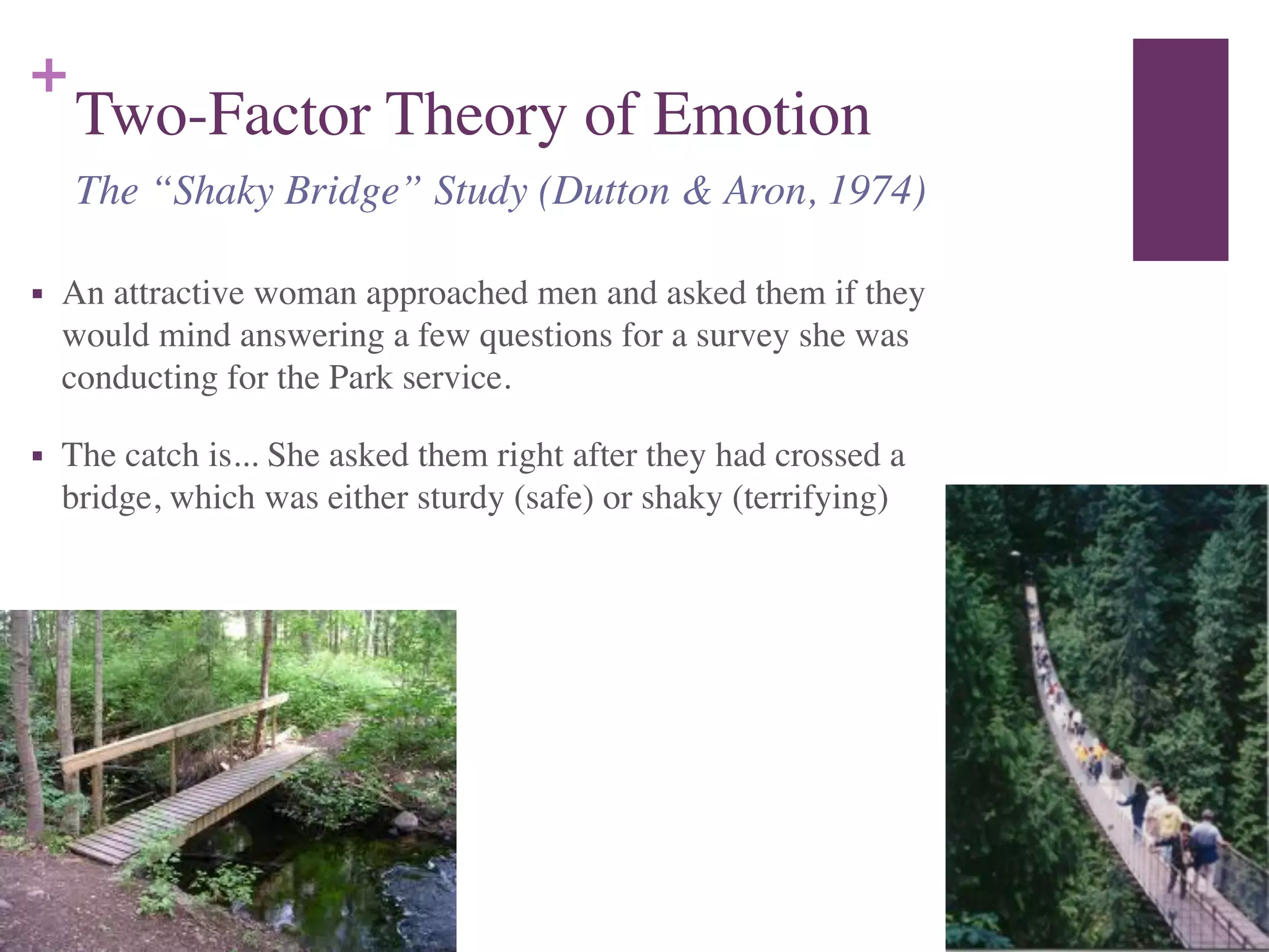 +
Two-Factor Theory of Emotion
■ An attractive woman approached men and asked them if they
would mind answering a few questions for a survey she was
conducting for the Park service.	

■ The catch is... She asked them right after they had crossed a
bridge, which was either sturdy (safe) or shaky (terrifying)
The “Shaky Bridge” Study (Dutton & Aron, 1974)
 