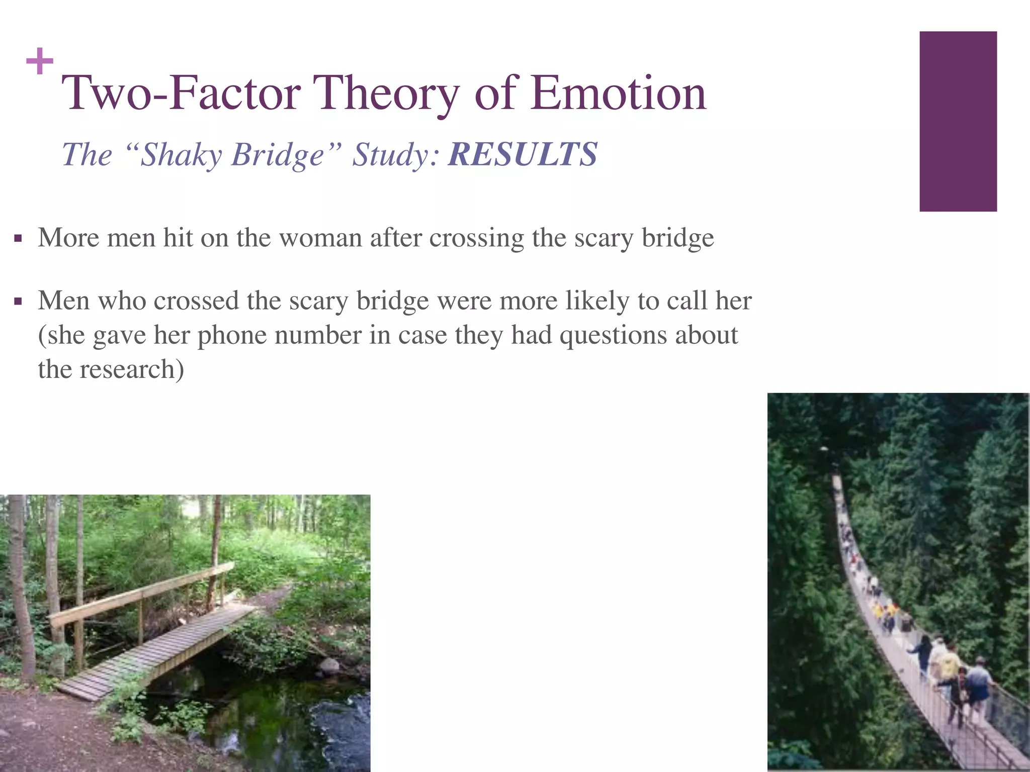 +
Two-Factor Theory of Emotion
■ More men hit on the woman after crossing the scary bridge	

■ Men who crossed the scary bridge were more likely to call her
(she gave her phone number in case they had questions about
the research)
The “Shaky Bridge” Study: RESULTS
 