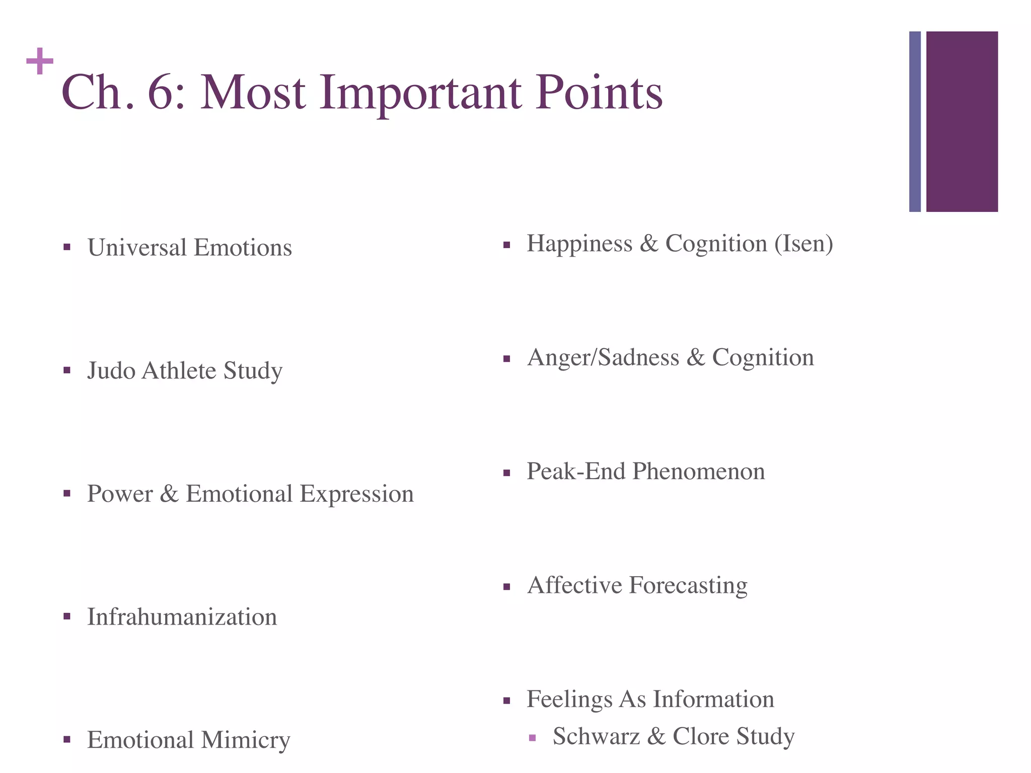 +
Ch. 6: Most Important Points
■ Universal Emotions	

!
■ Judo Athlete Study	

!
■ Power & Emotional Expression	

!
■ Infrahumanization	

!
■ Emotional Mimicry
■ Happiness & Cognition (Isen)	

!
■ Anger/Sadness & Cognition	

!
■ Peak-End Phenomenon	

!
■ Affective Forecasting	

!
■ Feelings As Information	

■ Schwarz & Clore Study
 