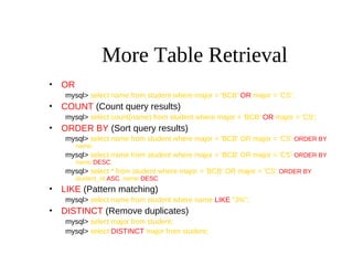 More Table Retrieval
• OR
mysql> select name from student where major = 'BCB' OR major = 'CS';
• COUNT (Count query results)
mysql> select count(name) from student where major = 'BCB' OR major = 'CS';
• ORDER BY (Sort query results)
mysql> select name from student where major = 'BCB' OR major = 'CS‘ ORDER BY
name;
mysql> select name from student where major = 'BCB' OR major = 'CS‘ ORDER BY
name DESC;
mysql> select * from student where major = 'BCB' OR major = 'CS‘ ORDER BY
student_id ASC, name DESC
• LIKE (Pattern matching)
mysql> select name from student where name LIKE "J%";
• DISTINCT (Remove duplicates)
mysql> select major from student;
mysql> select DISTINCT major from student;
 