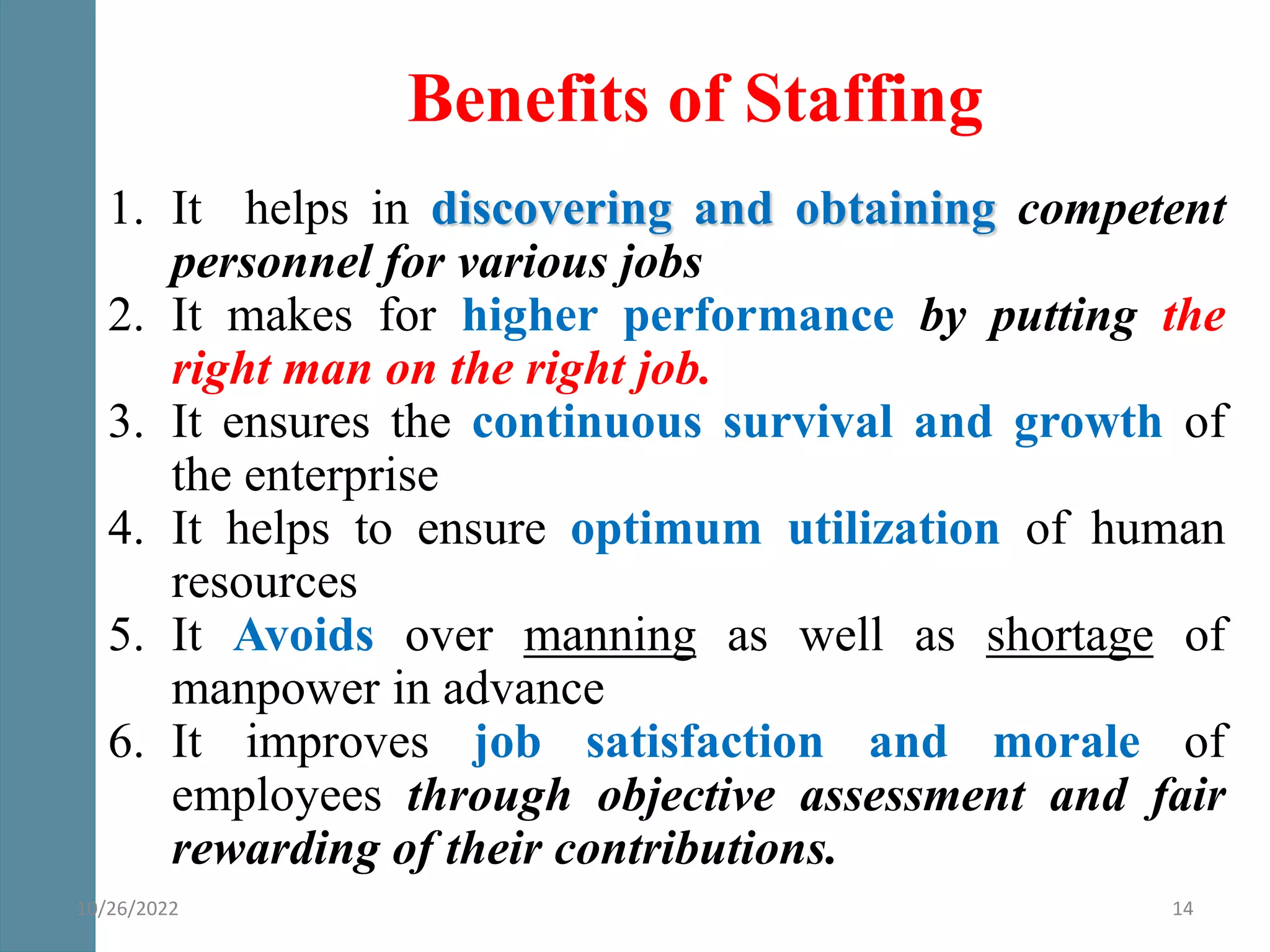 Benefits of Staffing
1. It helps in discovering and obtaining competent
personnel for various jobs
2. It makes for higher performance by putting the
right man on the right job.
3. It ensures the continuous survival and growth of
the enterprise
4. It helps to ensure optimum utilization of human
resources
5. It Avoids over manning as well as shortage of
manpower in advance
6. It improves job satisfaction and morale of
employees through objective assessment and fair
rewarding of their contributions.
14
10/26/2022
 