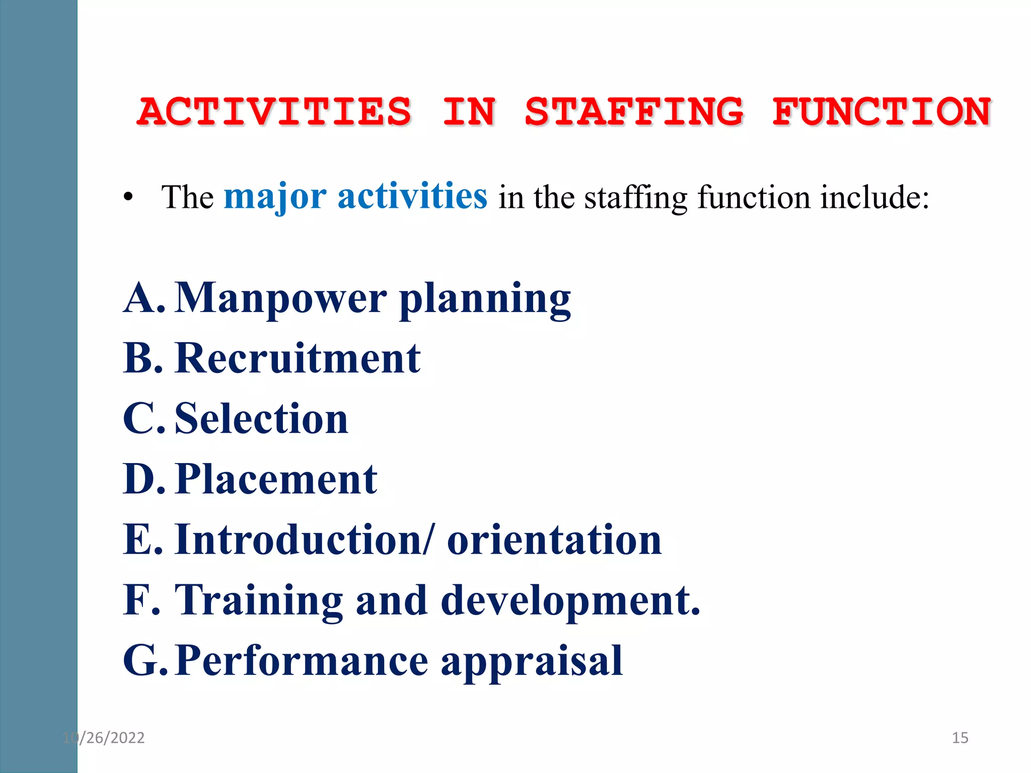 ACTIVITIES IN STAFFING FUNCTION
• The major activities in the staffing function include:
A. Manpower planning
B. Recruitment
C. Selection
D. Placement
E. Introduction/ orientation
F. Training and development.
G.Performance appraisal
15
10/26/2022
 