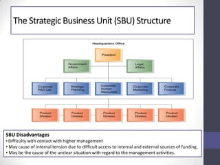 The Strategic Business Unit (SBU) Structure
SBU Disadvantages
• Difficulty with contact with higher management
• May cause of internal tension due to difficult access to internal and external sources of funding,
• May be the cause of the unclear situation with regard to the management activities.
 