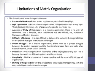 Limitations of Matrix Organization
• The limitations of a matrix organization are:-
• Increase in Work Load : In a matrix organization, work load is very high.
• High Operational Cost : In a matrix organization, the operational cost is very high.
This is because it involves a lot of paperwork, reports, meetings, etc.
• Absence of Unity of Command : In a matrix organization, there is no unity of
command. This is because, each subordinate has two bosses, viz., Functional
Manager and Project Manager.
• Difficulty of Balance : It is also difficult to balance the authority & responsibilities
of the project manager and functional manager.
• Power Struggle : In a matrix organization, there may be a power struggle
between the project manager and the functional manager. Each one looks after
his own interest, which causes conflicts.
• Morale : In a matrix organization, the morale of the employees is very low. This is
because they work on different projects at different times.
• Complexity : Matrix organization is very complex and the most difficult type of
organization.
• Shifting of Responsibility : If the project fails, the project manager may shift the
responsibility on the functional manager.
 