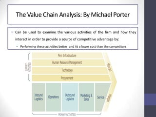 The Value Chain Analysis: By Michael Porter
• Can be used to examine the various activities of the firm and how they
interact in order to provide a source of competitive advantage by:
• Performing these activities better and At a lower cost than the competitors
 