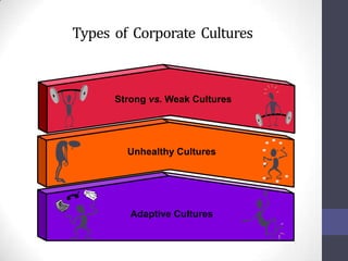 Types of Corporate Cultures
Strong vs. Weak Cultures
Unhealthy Cultures
Adaptive Cultures
 