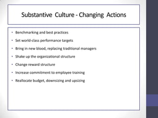 Substantive Culture - Changing Actions
• Benchmarking and best practices
• Set world-class performance targets
• Bring in new blood, replacing traditional managers
• Shake up the organizational structure
• Change reward structure
• Increase commitment to employee training
• Reallocate budget, downsizing and upsizing
 