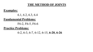 THE METHOD OF JOINTS
Examples:
6.1, 6.2, 6.3, 6.4
Fundamental Problems:
F6-2, F6-5, F6-6
Practice Problems:
6-2, 6-3, 6-7, 6-12, 6-15, 6-20, 6-26
 