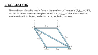 PROBLEM 6-26
The maximum allowable tensile force in the members of the truss is (FT)max = 5 kN,
and the maximum allowable compressive force is (FC)max = 3 kN. Determine the
maximum load P of the two loads that can be applied to the truss.
 