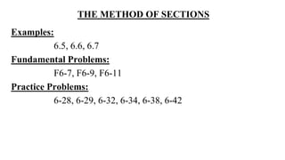 THE METHOD OF SECTIONS
Examples:
6.5, 6.6, 6.7
Fundamental Problems:
F6-7, F6-9, F6-11
Practice Problems:
6-28, 6-29, 6-32, 6-34, 6-38, 6-42
 