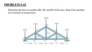 PROBLEM 6-42
Determine the force in members BC, HC and HG of the truss. State if the members
are in tension or compression.
 