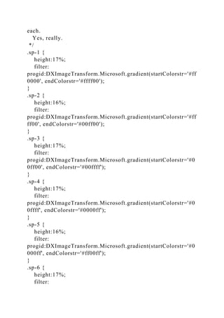 each.
Yes, really.
*/
.sp-1 {
height:17%;
filter:
progid:DXImageTransform.Microsoft.gradient(startColorstr='#ff
0000', endColorstr='#ffff00');
}
.sp-2 {
height:16%;
filter:
progid:DXImageTransform.Microsoft.gradient(startColorstr='#ff
ff00', endColorstr='#00ff00');
}
.sp-3 {
height:17%;
filter:
progid:DXImageTransform.Microsoft.gradient(startColorstr='#0
0ff00', endColorstr='#00ffff');
}
.sp-4 {
height:17%;
filter:
progid:DXImageTransform.Microsoft.gradient(startColorstr='#0
0ffff', endColorstr='#0000ff');
}
.sp-5 {
height:16%;
filter:
progid:DXImageTransform.Microsoft.gradient(startColorstr='#0
000ff', endColorstr='#ff00ff');
}
.sp-6 {
height:17%;
filter:
 