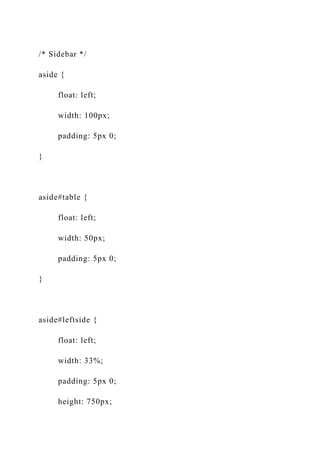/* Sidebar */
aside {
float: left;
width: 100px;
padding: 5px 0;
}
aside#table {
float: left;
width: 50px;
padding: 5px 0;
}
aside#leftside {
float: left;
width: 33%;
padding: 5px 0;
height: 750px;
 