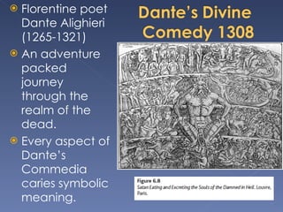 Florentine poet Dante Alighieri (1265-1321) An adventure packed journey through the realm of the dead. Every aspect of Dante’s Commedia caries symbolic meaning. 