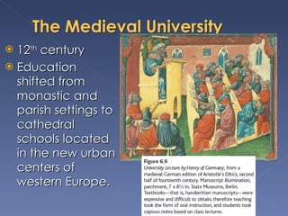 12 th  century  Education shifted from monastic and parish settings to cathedral schools located in the new urban centers of western Europe.  