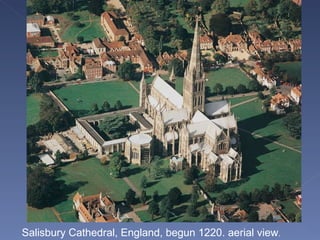 Salisbury Cathedral, England, begun 1220. aerial view . 