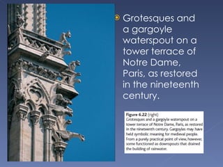 Grotesques and a gargoyle waterspout on a tower terrace of Notre Dame, Paris, as restored in the nineteenth century. 
