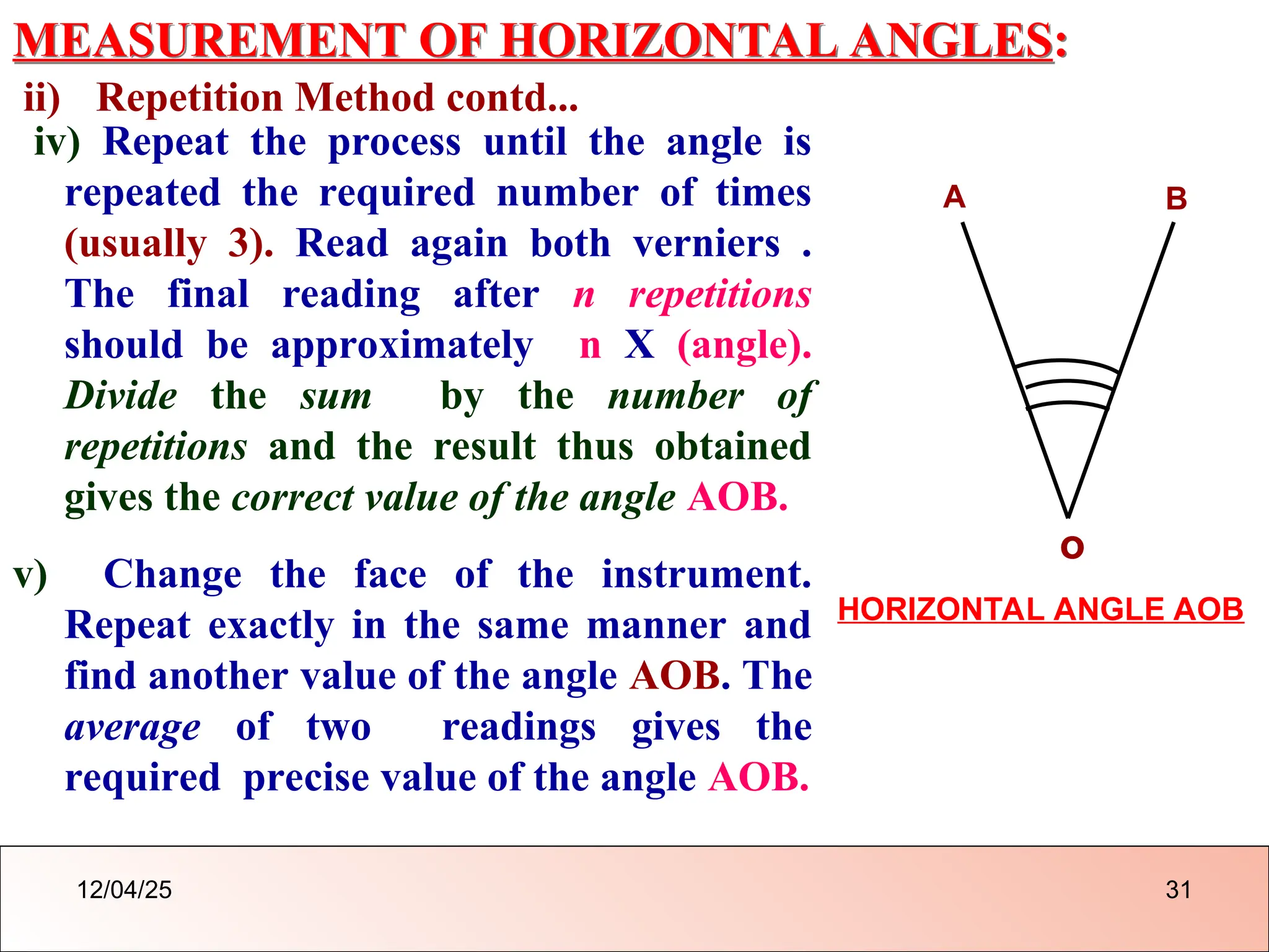 MEASUREMENT OF HORIZONTAL ANGLES:
ii) Repetition Method contd...
iv) Repeat the process until the angle is
repeated the required number of times
(usually 3). Read again both verniers .
The final reading after n repetitions
should be approximately n X (angle).
Divide the sum by the number of
repetitions and the result thus obtained
gives the correct value of the angle AOB.
v) Change the face of the instrument.
Repeat exactly in the same manner and
find another value of the angle AOB. The
average of two readings gives the
required precise value of the angle AOB.
o
A B
HORIZONTAL ANGLE AOB
12/04/25 31
 