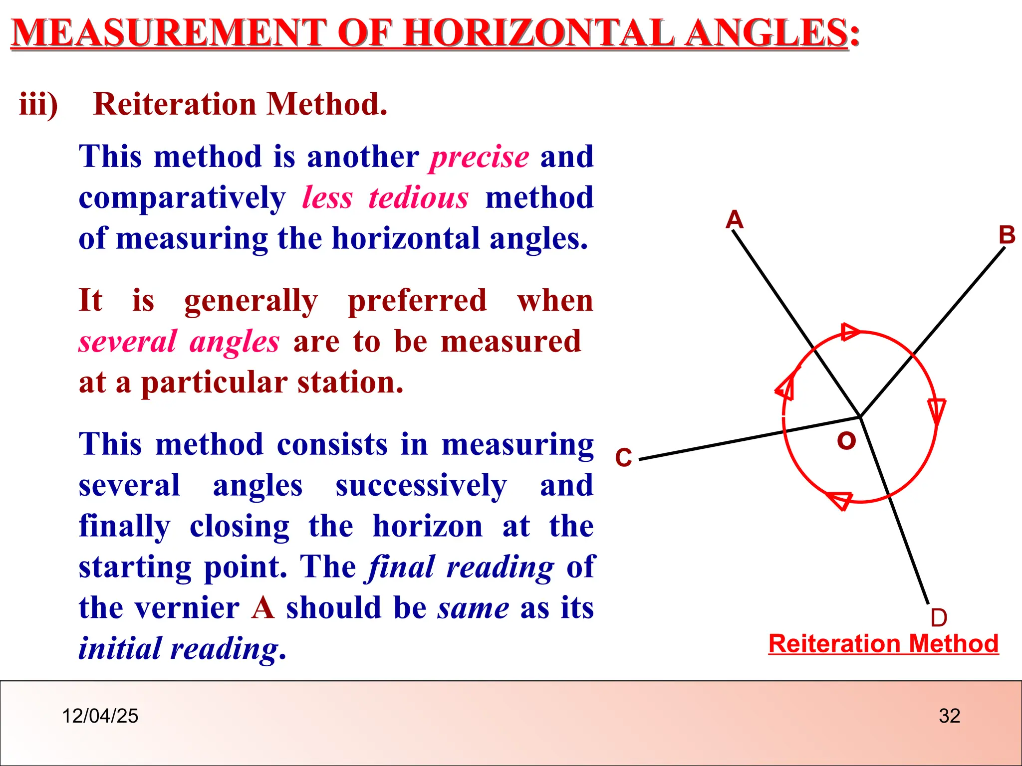 MEASUREMENT OF HORIZONTAL ANGLES:
iii) Reiteration Method.
o
A
B
Reiteration Method
C
D
This method is another precise and
comparatively less tedious method
of measuring the horizontal angles.
It is generally preferred when
several angles are to be measured
at a particular station.
This method consists in measuring
several angles successively and
finally closing the horizon at the
starting point. The final reading of
the vernier A should be same as its
initial reading.
12/04/25 32
 