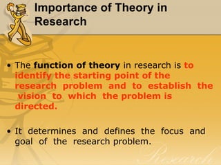 Importance of Theory in
     Research


• The function of theory in research is to
  identify the starting point of the
  research problem and to establish the
   vision to which the problem is
  directed.

• It determines and defines the focus and
  goal of the research problem.
 