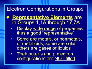 Electron Configurations in Groups Representative Elements  are in Groups 1,1A through 17,7A Display  wide range  of properties, thus a good “representative”  Some are metals, or nonmetals, or metalloids; some are solid, others are gases or liquids Their outer s and p electron configurations are  NOT filled 