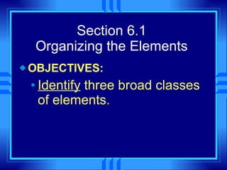 Section 6.1 Organizing the Elements OBJECTIVES: Identify  three broad classes of elements. 