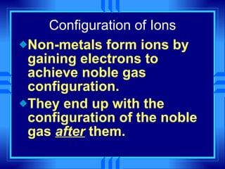 Configuration of Ions Non-metals form ions by gaining electrons to achieve noble gas configuration. They end up with the configuration of the noble gas  after  them. 