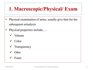 1. Macroscopic/Physical/ Exam
• Physical examination of urine, usually give hint for the
subsequent urinalysis
• Physical properties include….
 Volume
 Color
 Transparency
 Odor
 Foam
06/05/2024 Clinical laboratory method by Bedasa A 13
 