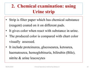 2. Chemical examination: using
Urine strip
• Strip is filter paper which has chemical substance
(reagent) coated on it on different pads.
• It gives color when react with substance in urine.
• The produced color is compared with chart color
visually assessed.
• It include proteinurea, glucoseurea, ketourea,
haematourea, hemoglobinuria, bilirubin (Bile),
nitrite & urine leucocytes
06/05/2024 Clinical laboratory method by Bedasa A 14
 