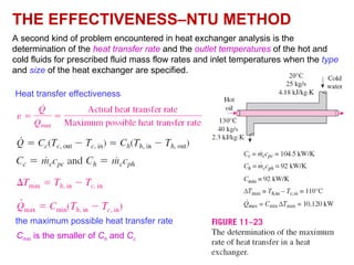 22
THE EFFECTIVENESS–NTU METHOD
A second kind of problem encountered in heat exchanger analysis is the
determination of the heat transfer rate and the outlet temperatures of the hot and
cold fluids for prescribed fluid mass flow rates and inlet temperatures when the type
and size of the heat exchanger are specified.
Heat transfer effectiveness
the maximum possible heat transfer rate
Cmin is the smaller of Ch and Cc
 