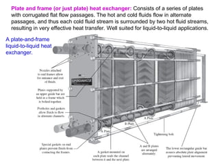 8
Plate and frame (or just plate) heat exchanger: Consists of a series of plates
with corrugated flat flow passages. The hot and cold fluids flow in alternate
passages, and thus each cold fluid stream is surrounded by two hot fluid streams,
resulting in very effective heat transfer. Well suited for liquid-to-liquid applications.
A plate-and-frame
liquid-to-liquid heat
exchanger.
 