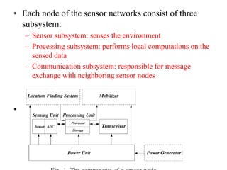 • Each node of the sensor networks consist of three
subsystem:
– Sensor subsystem: senses the environment
– Processing subsystem: performs local computations on the
sensed data
– Communication subsystem: responsible for message
exchange with neighboring sensor nodes
• The features of sensor nodes
– Limited sensing region, processing power, energy
 