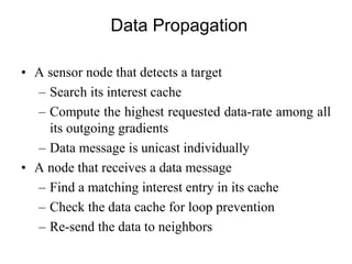 Data Propagation
• A sensor node that detects a target
– Search its interest cache
– Compute the highest requested data-rate among all
its outgoing gradients
– Data message is unicast individually
• A node that receives a data message
– Find a matching interest entry in its cache
– Check the data cache for loop prevention
– Re-send the data to neighbors
 